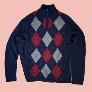 Allen Solly 100% Cashmere Argyle Sweater – Navy Red Grey Half Zip L